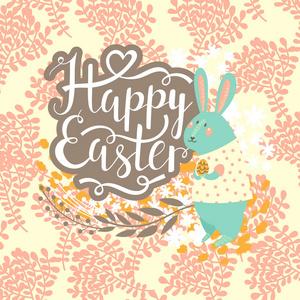 快乐复活节明信片与蓝色兔子和柔和的花卉图案和刻字