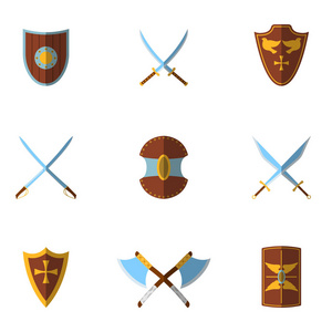 一套中世纪的盾牌和武器的图标和标签。平坦的风格。矢量插图徽标