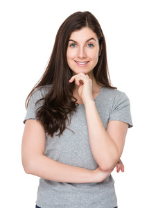 外国女子白种人的年轻女子,穿着灰色 t 恤照片