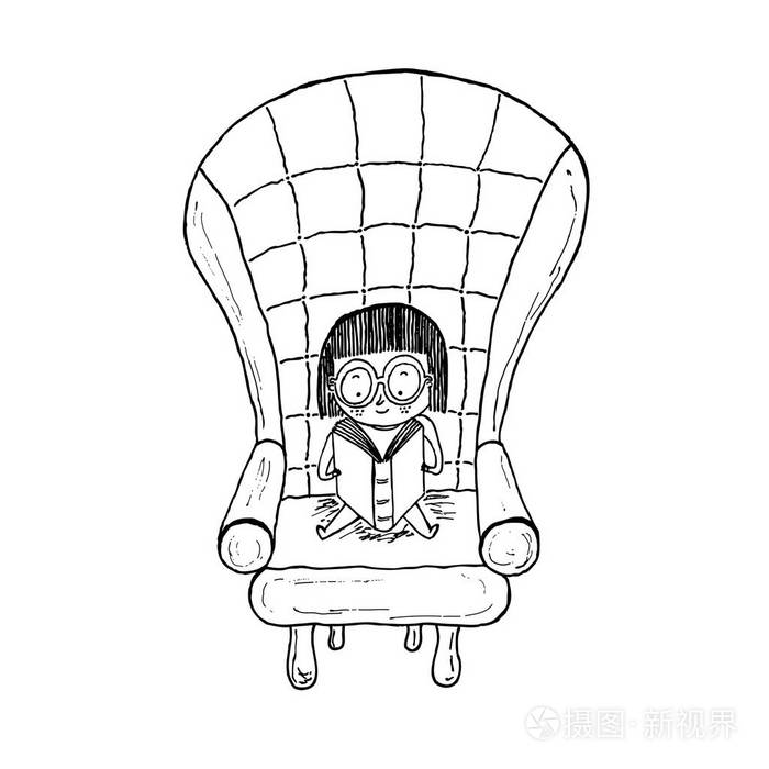 插画 小女孩坐在沙发上阅读.黑色和白色手绘.eps