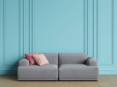 现代斯堪的纳维亚设计在室内灰色沙发。蓝色墙壁与装饰, 地板木地板人字形。复制空间, 样机内部。数字插图. 3 d 渲染