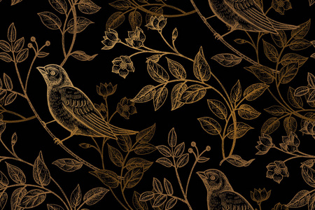 古老的花朵, 树枝, 树叶, 鸟儿。在黑色背景上打印金箔。矢量无缝模式。面料, 电话箱纸, 礼品包装, 纺织品, 室内设计, 封
