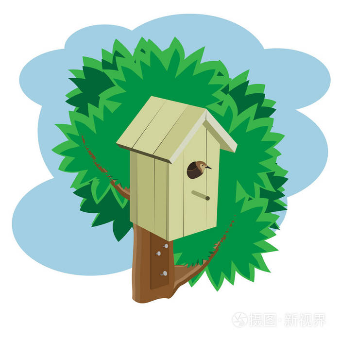 一只鸟一棵树上的黄色鸟窝.矢量