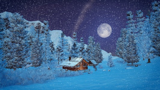 下雪小木屋图片