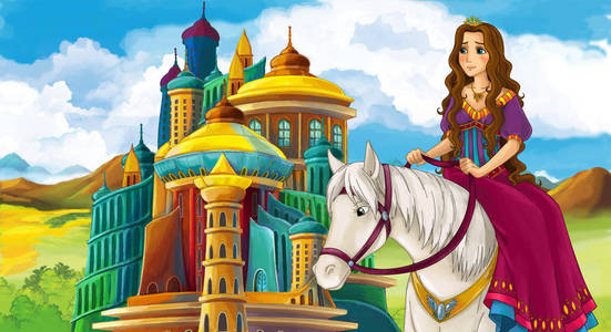 卡通场景与年轻的公主看着两匹白马附近美丽的中世纪城堡瀑布和彩虹