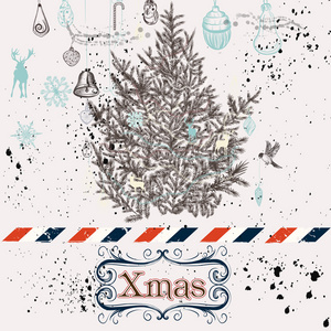 圣诞节手绘背景圣诞装饰品和树