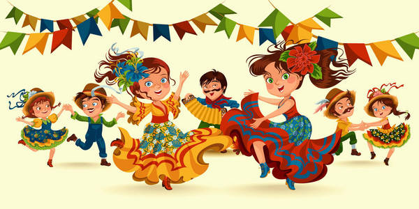 在葡萄牙庆祝节日的年轻女子跳舞萨尔萨节日, 女孩穿花在头传统的嘉年华舞, 节日派对舞蹈家, 喜庆的人狂欢节矢量插图