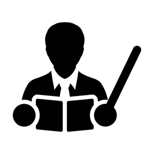 教师图标矢量男性人物头像与书和教学在学校, 学院或大学为教育在标志