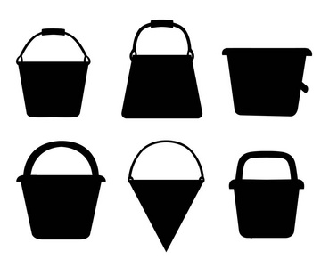黑色剪影。一组桶。各种水桶。用于水或沙子的彩色容器。卡通风格设计。在白色背景上隔离的矢量插图。网站页面和移动应用程序