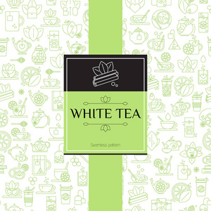 茶与细线图标白色茶模式的无缝背景