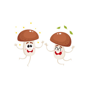 两个有趣的牛肝菌蘑菇字符从幸福跳