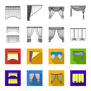 不同类型的窗帘。窗帘集图标单色, 平面式矢量符号股票插画网站