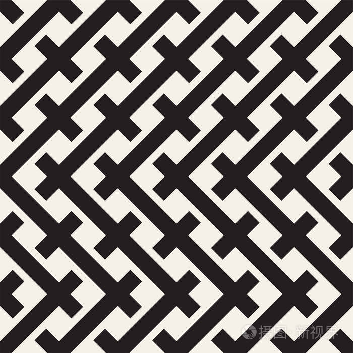 无缝的方式交织而成.编织的交叉条纹格子的背景.黑色和白色几何矢量图