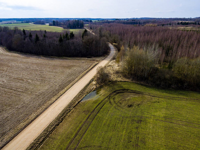 无人机图像。鸟瞰图的农村地区，新鲜绿色的田野