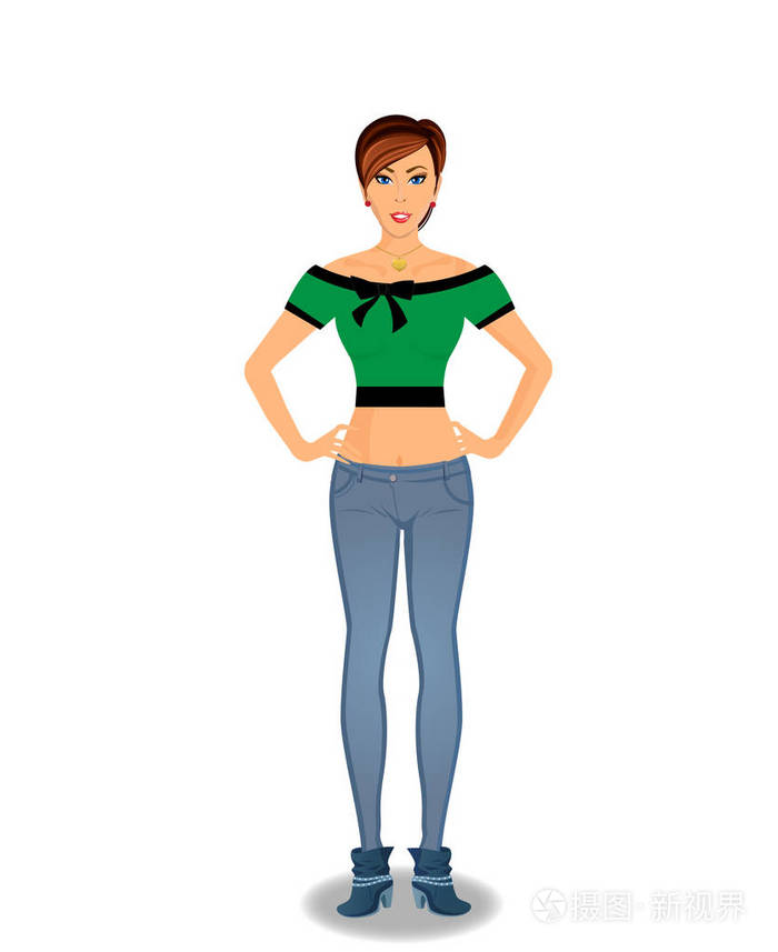 美丽的年轻女子卡通人物在紧身蓝色牛仔裤