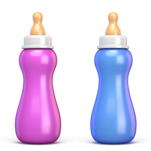 粉红色和蓝色婴儿奶瓶3d