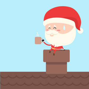 圣诞老人在烟囱上休息喝杯咖啡