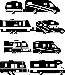 不同的剪影旅行拖车商队在白色背景上的一套。矢量图