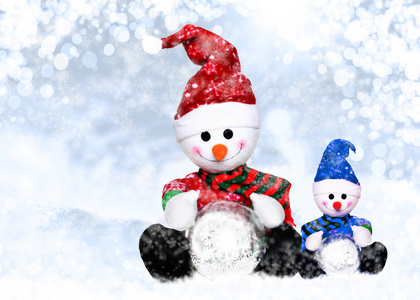 在圣诞老人的帽子冬天的两个 snowmens