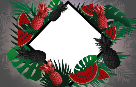 带水果的海报。水果背景菠萝, 西瓜