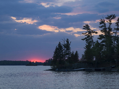 在湖边的树视图在日落, 森林的湖, 安大略, 加拿大