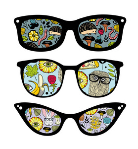 具有图案反射的复古太阳镜的创意集.老式矢量插图照片