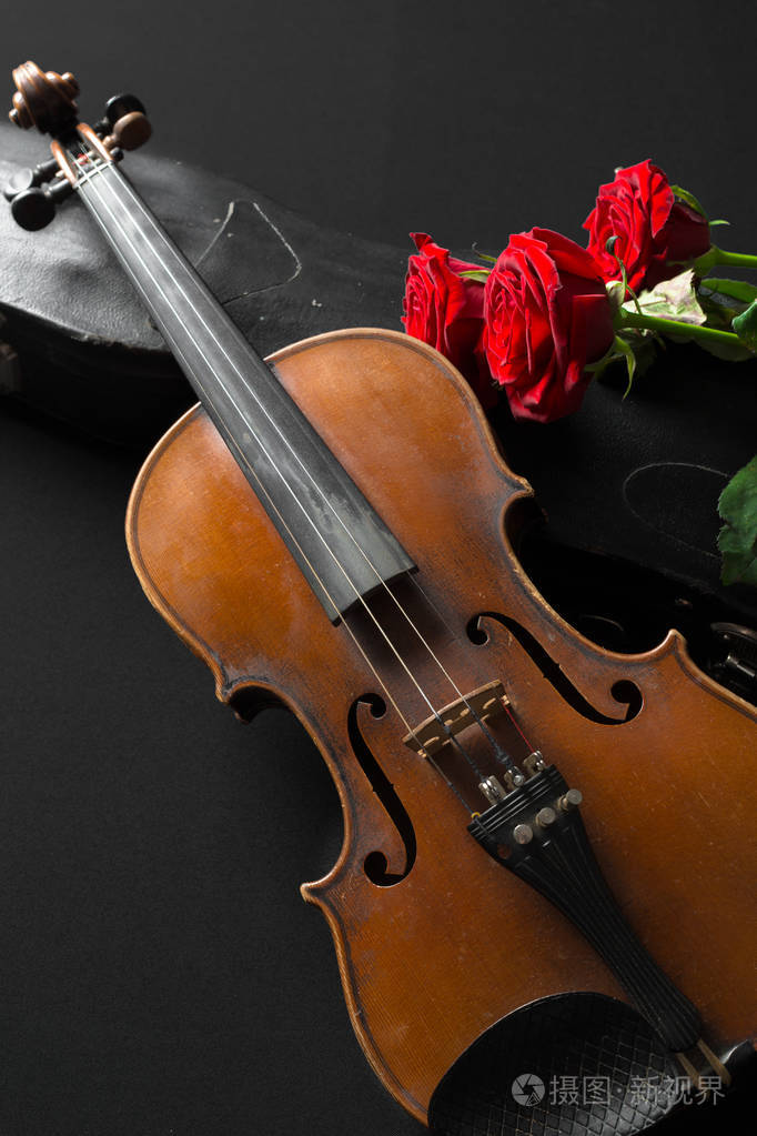 小提琴和玫瑰黑色背景