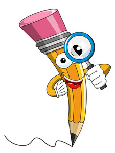 铅笔的吉祥物卡通看放大镜孤立照片