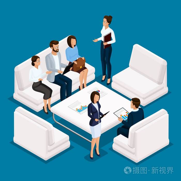 家具, 沙发, 办公桌, 讨论,集思广益在蓝色背景上的办事处工作人员