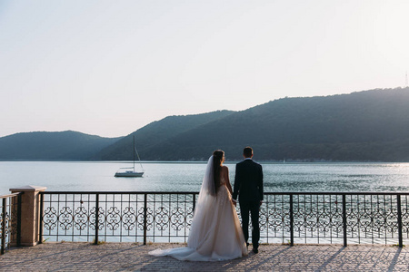 后视新婚夫妇, 新娘和新郎牵手在湖的背景。穿着白色连衣裙的可爱女孩, 穿着黑色西装的男人。小船和山风景。家庭概念