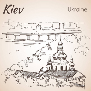 基辅的城市景观素描与桥