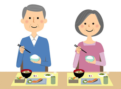 老年夫妇, 膳食这是一个例子, 一对夫妇的老人吃照片