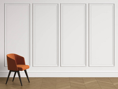 椅子在古典内部与拷贝空间。白色墙壁与装饰。地板木地板的人字形。数字插图. 3 d 渲染