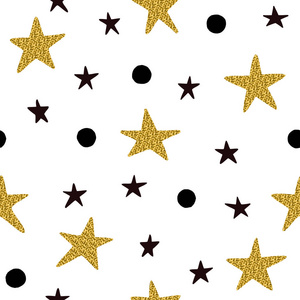 无缝模式与黑色和金色星星带着小黑点和孤立在白色背景上