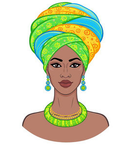非洲美人。动画肖像的年轻黑人妇女在头巾。在白色背景上隔离的矢量颜色插图。打印, 海报, t恤, 卡片