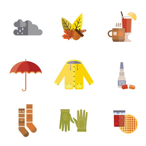 秋天的衣服设置的秋天树雨帽子围巾手套外套雨衣大衣茶袜子靴子温热的酒矢量插图伞