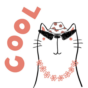 手绘可爱滑稽的猫在花链和水桶帽与太阳镜和文本酷, 矢量, 插图