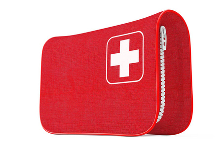 红色急救套件软袋与白色十字。3d 渲染