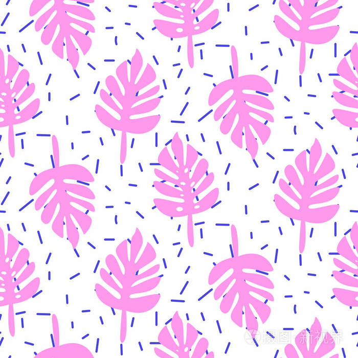 热带棕榈龟背竹粉红色叶无缝模式