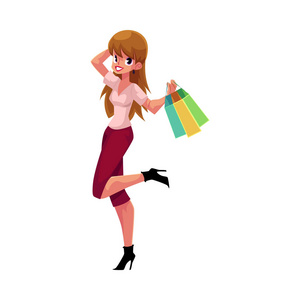 快乐的白人女孩，女人购物袋，假日销售概念
