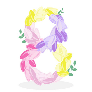 3月8日概念。8号由花制成。国际妇女节的矢量郁金香