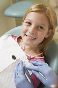 在牙科诊所检查牙齿的女孩