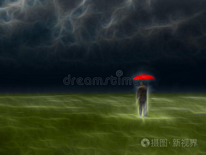 暴风雨中带着红伞的人