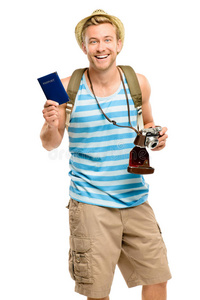 持护照的快乐游客怀旧相机，白色隔离