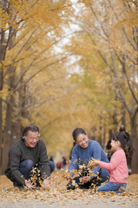 爷爷奶奶和孙女在公园里玩树叶图片