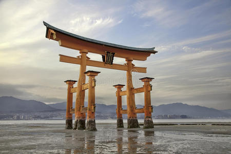 隐约可见的朱砂藤(神道门)日本宫岛照片