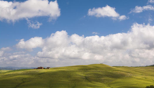 绿色的田野和蓝天，托斯卡纳，意大利