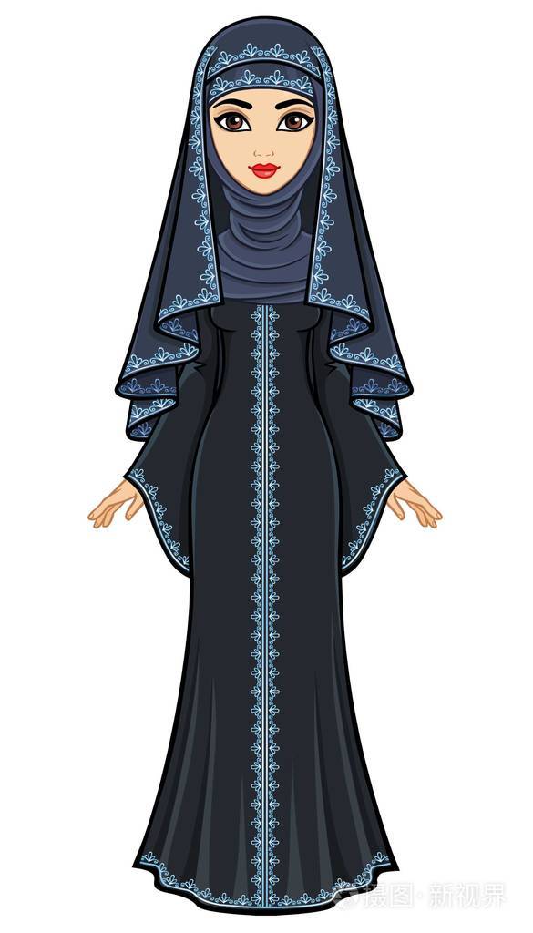 动画肖像的美丽的阿拉伯妇女在一个古老的西装: 长裙, 面纱, 头巾.