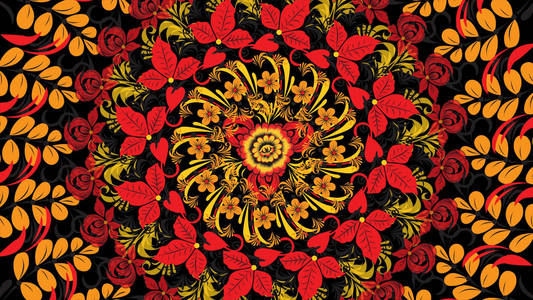 Khokhloma。抽象分形变换背景。Loopable。绘画 Khokhloma 俄罗斯的明亮的红色花朵和浆果的黑色和金色的背景