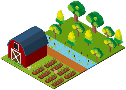 农场的场面与谷仓和作物中 3d 设计